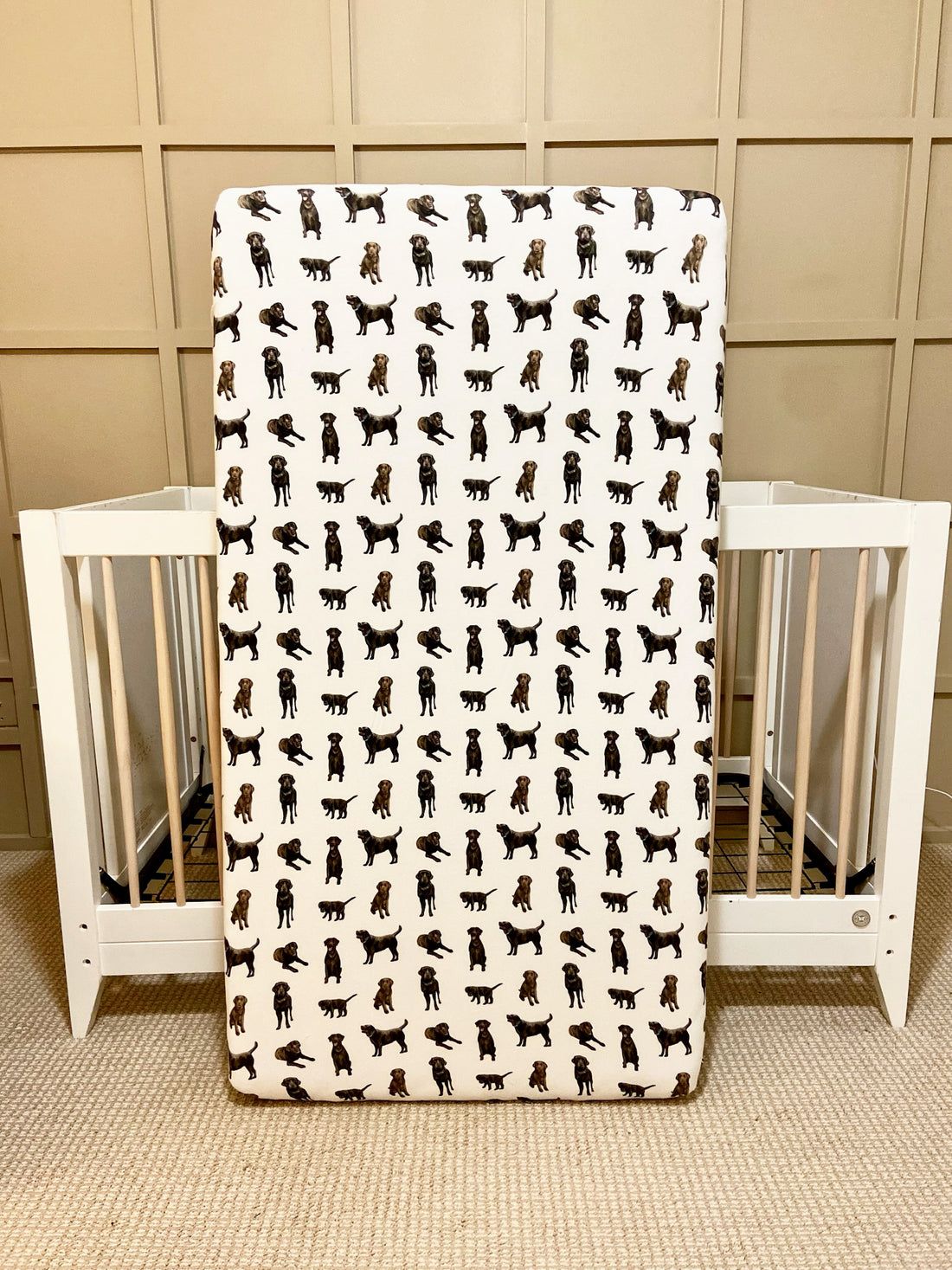 Cozy dog-themed baby bedding featuring Chocolate Labs design