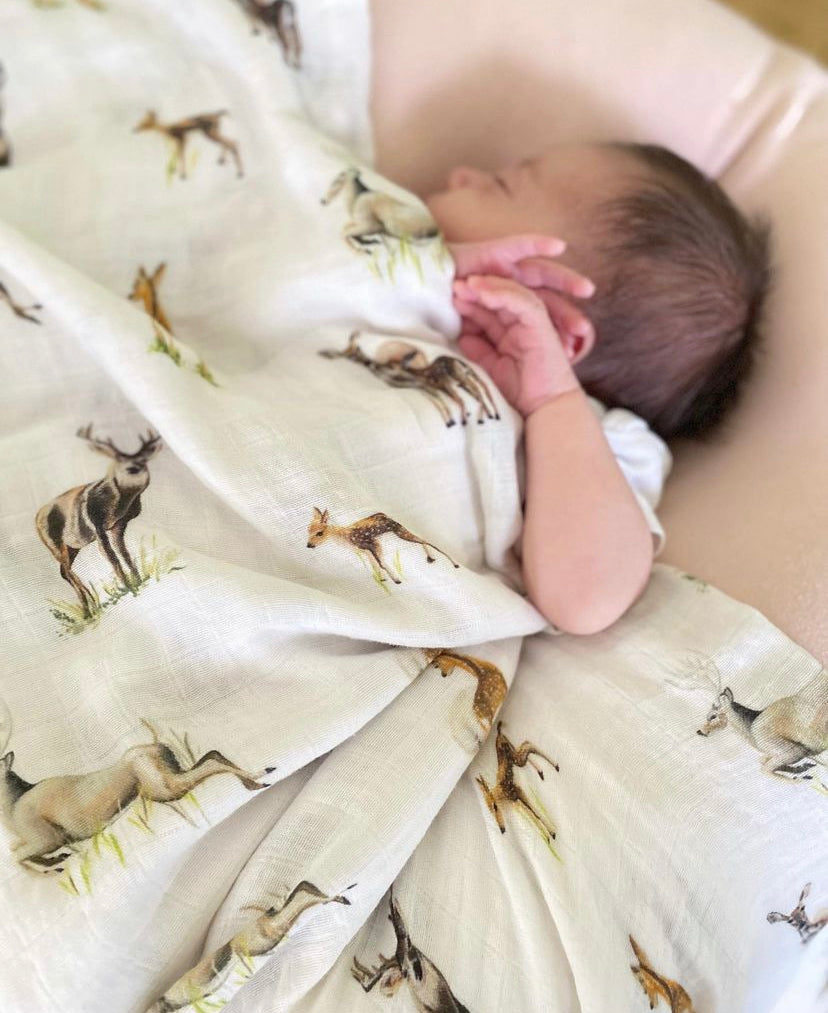 Little Fawn Big Yawn Deer Print Baby Swaddle - Soft Organic Cotton and Bamboo fabric