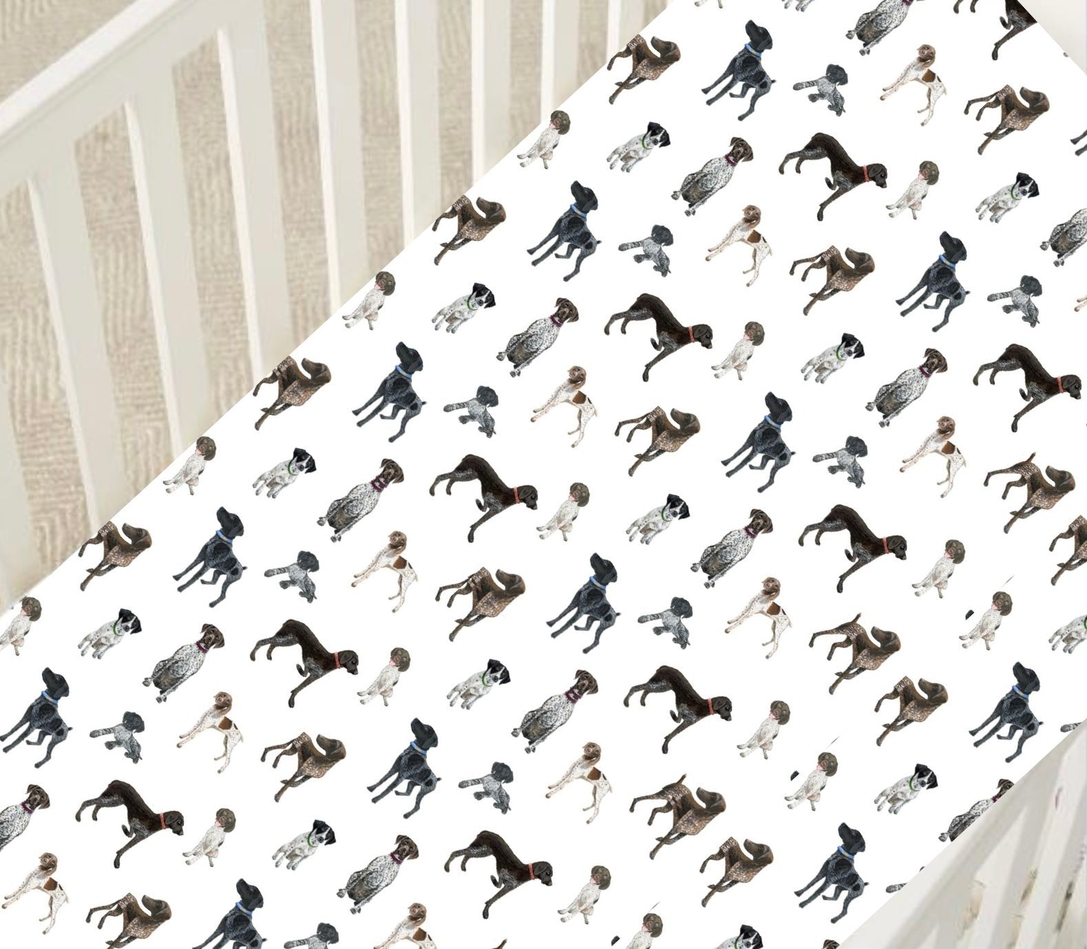 German Shorthaired Pointer crib sheets featuring a variety of GSP patterns in 100% cotton