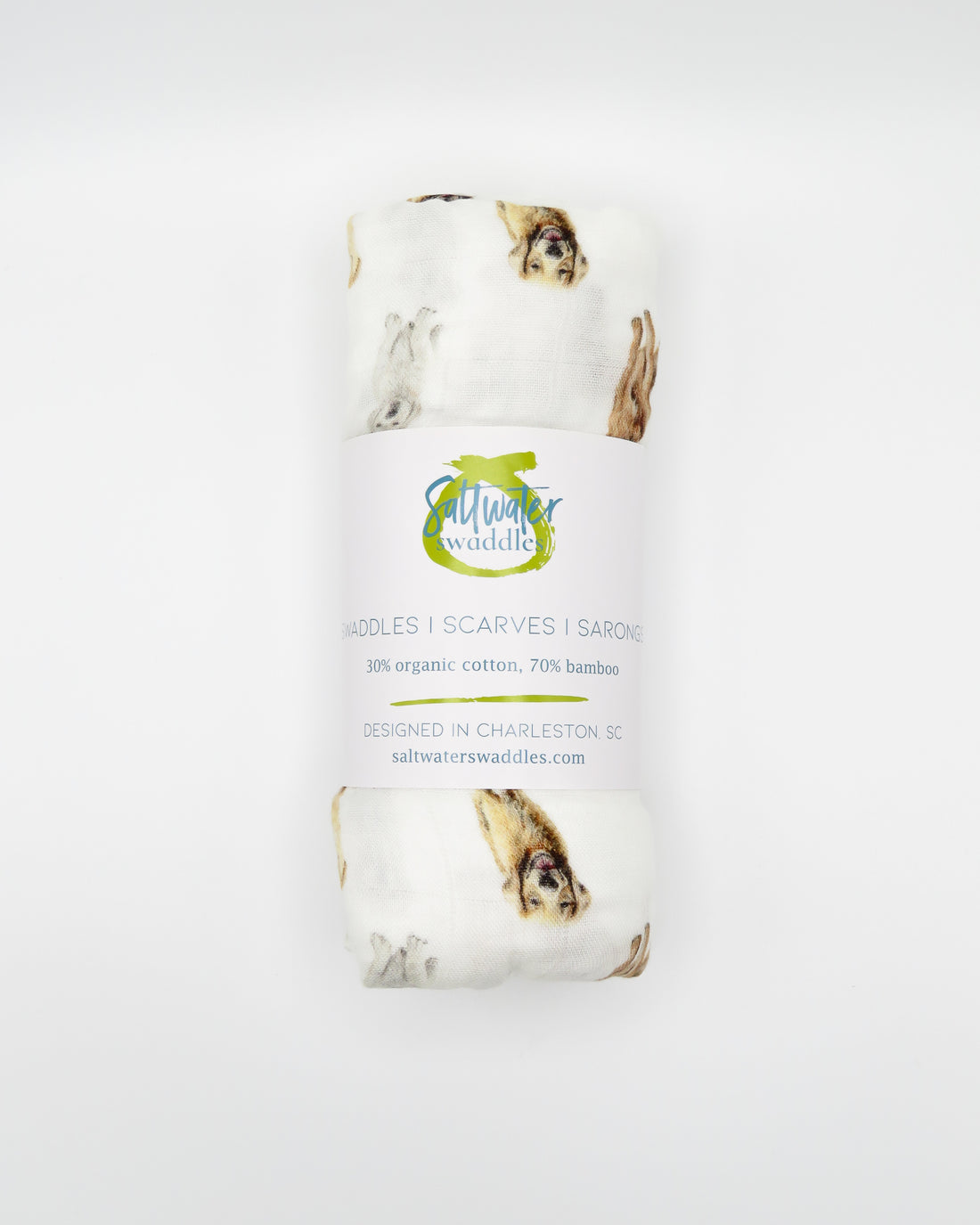 Golden Retriever print baby swaddle in organic cotton and bamboo blend