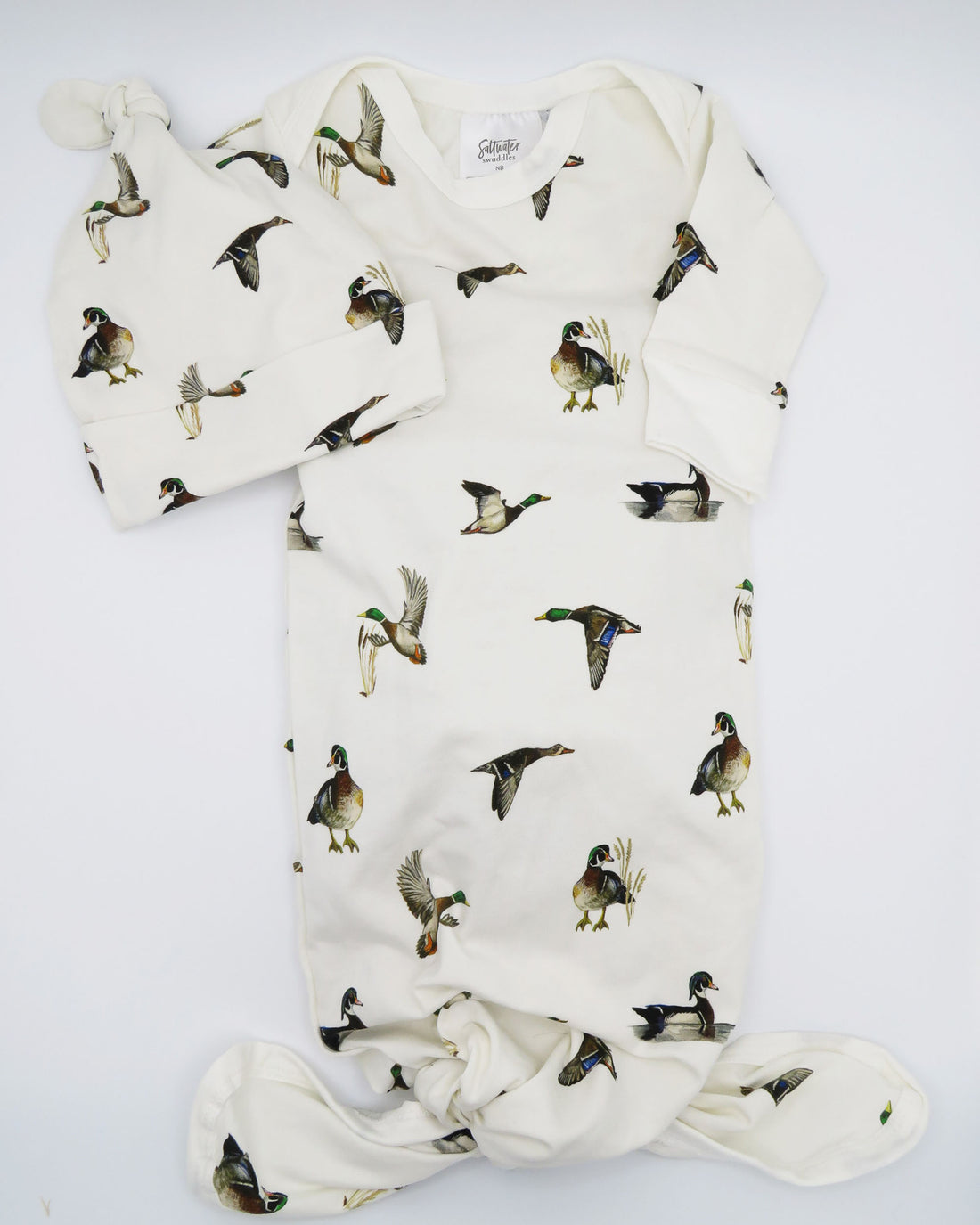 Newborn Baby Gown with Cute Duck Print and Matching Hat