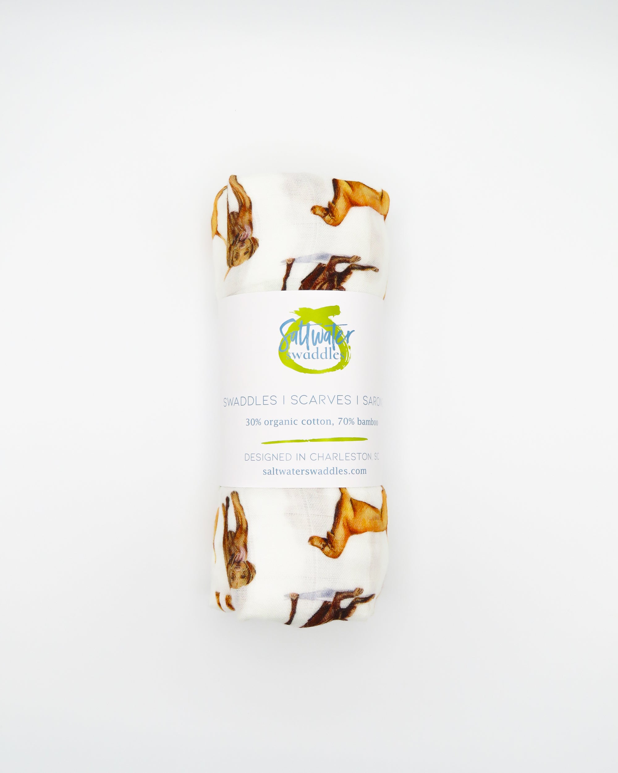 Vizsla print baby swaddle blanket. Gender-neutral dog-themed swaddle for newborns